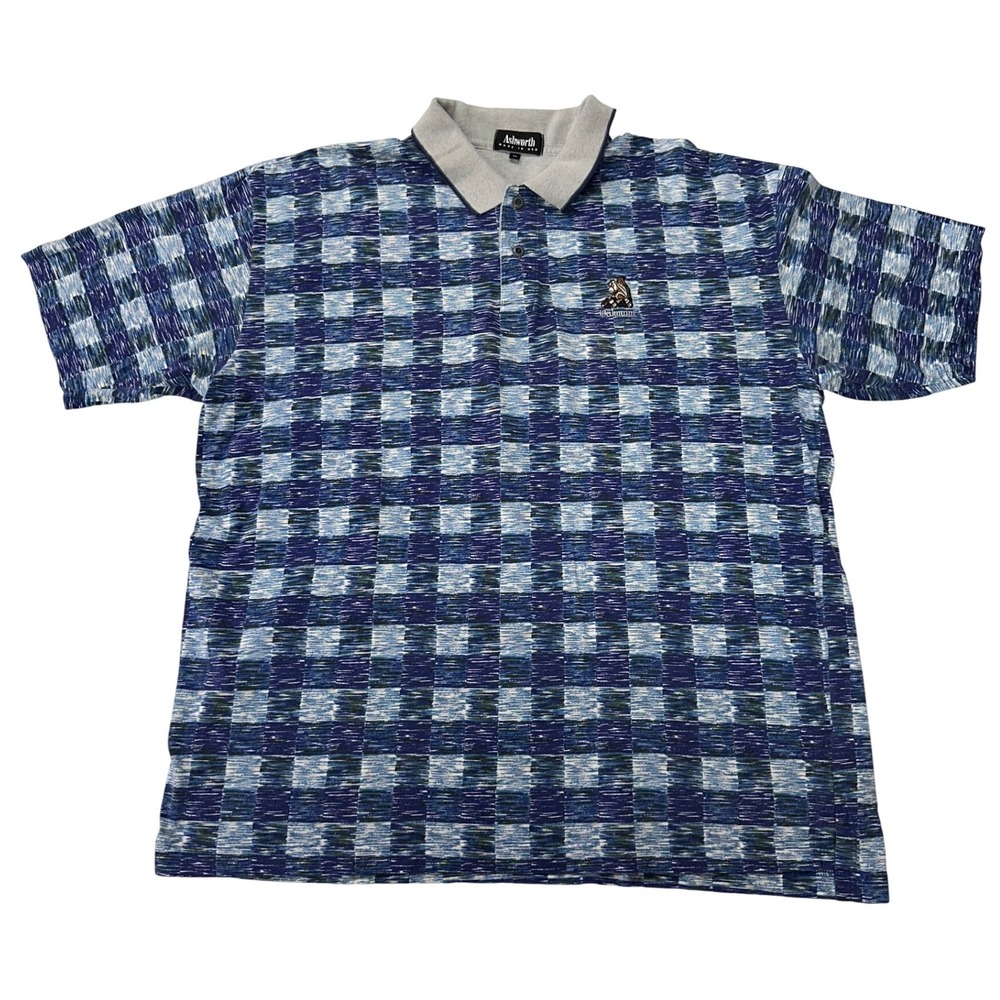VTG Ashworth Polo Shirt Blue Plaid Oakmont Golf Club Embroidery Made USA XL Mens